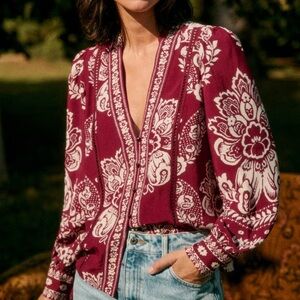 SÉZANE Tally Shirt Wine Boho Ornamental print Burgundy Blouse Fr 44/ US 12